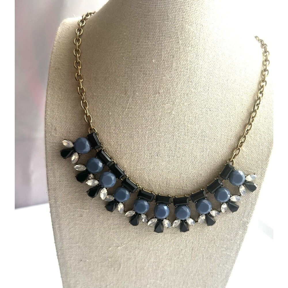 J.Crew Statement Necklace Blue Black Clear Crystal Gold Tone Adjustable 21”